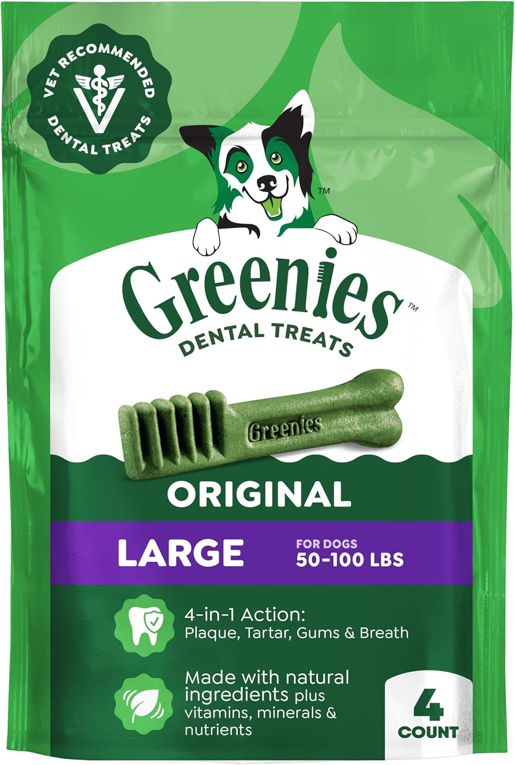 Greenies Veterinarian-Recommended Adult Natural Dental Dog Treats Large Size, Dog Dental Chews, Original Flavor, 6 Oz. Pack, 4 Count